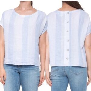 C&C California Striped Linen Button-Back Short Sleeve Blouse Top (NWT)